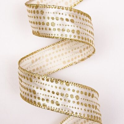 Gold glitter satin ribbon with wired edge 38mm x 9.1m - Cream