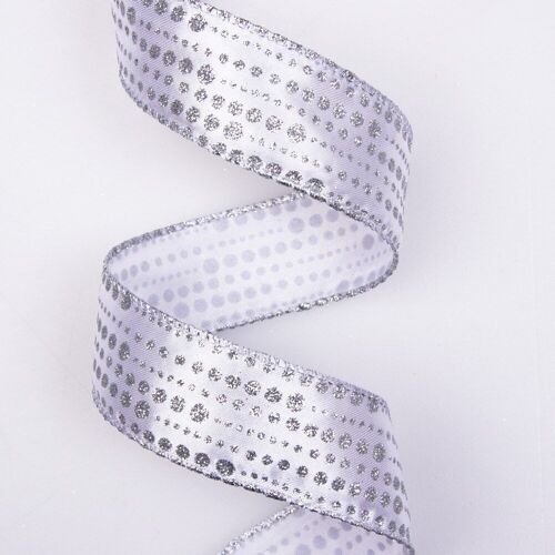 Silver glitter satin ribbon with wired edge 38mm x 9.1m - White