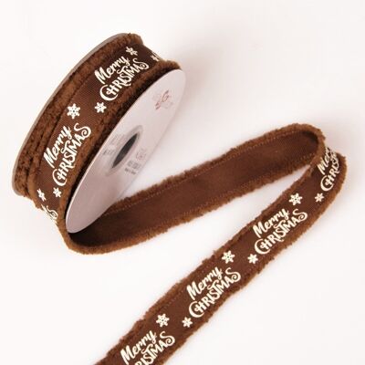 Fluffy edges, "Merry Christmas" inscription ribbon 23mm x 6.4m - Brown