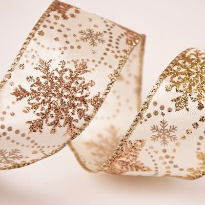 Shiny snowflake Christmas satin ribbon 38mm x 6.4m - Cream