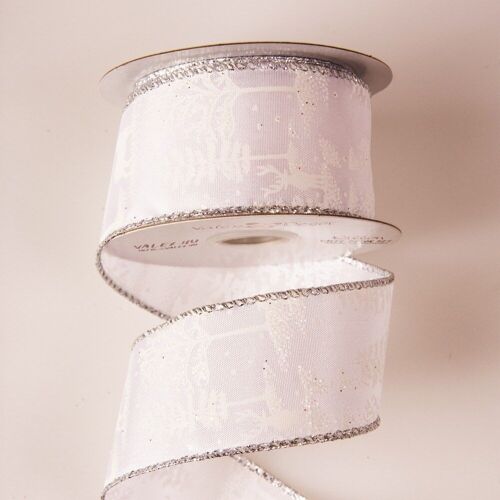 Winter landscape pattern white satin ribbon with wired edge 38mm x 6.4m