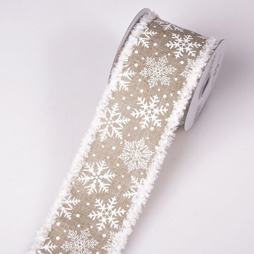 Fluffy edges snowflake ribbon with wired edge 64mm x 6.4m - Nature