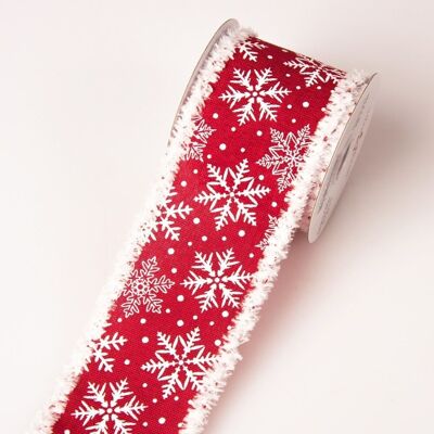 Fluffy edges snowflake ribbon with wired edge 64mm x 6.4m - Red