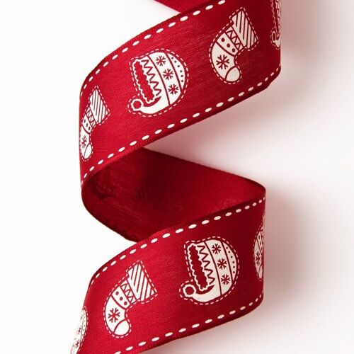 Winter hat, socks Christmas ribbon with wired edge 38mm x 6.4m - Red