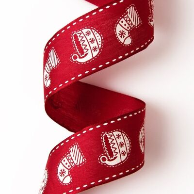 Wintermütze, Socken Weihnachtsband mit Drahtkante 38 mm x 6,4 m - Rot