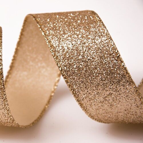 Glittering Christmas ribbon with wire edge 38mm x 6.4m - Gold