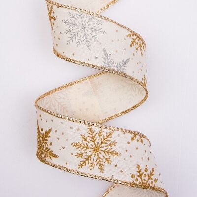 Glittering snowflake patterned Christmas ribbon with wire edge 38mm x 6.4m - Cream