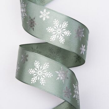 Ruban satin de Noël premium avec bordure câblée, avec flocon de neige brillant 38 mm x 6,4 m - Vert