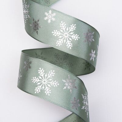 Premium Christmas satin ribbon with wired edge, with shiny snowflake 38mm x 6.4m - Green