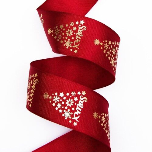 Premium Christmas satin ribbon with wired edge, with shiny pattern 38mm x 6.4m - Burgundy
