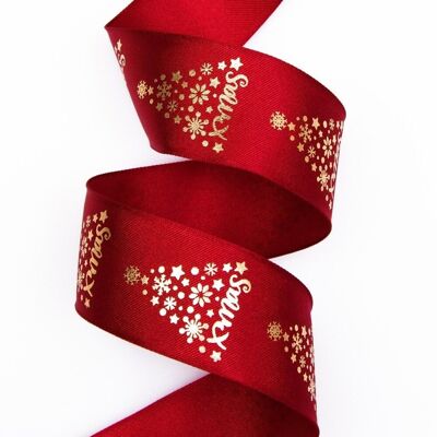 Cinta de raso navideña premium con borde alambrado, con patrón brillante 38 mm x 6,4 m - Borgoña