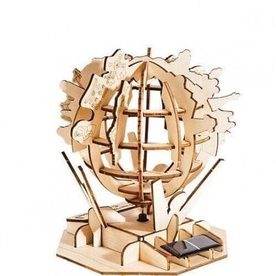 Puzzle Globe hybride en bois 3D à énergie solaire ou à batterie, PZ027, 16x16x19cm