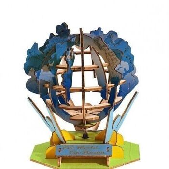 Puzzle Globe hybride en bois 3D à énergie solaire ou à batterie, PZ027, 16x16x19cm 3