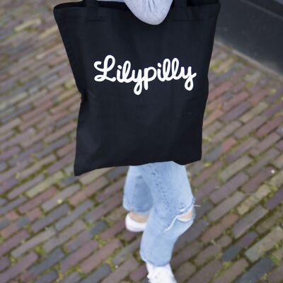 Black cotton shopper with printed Lilypilly artwork