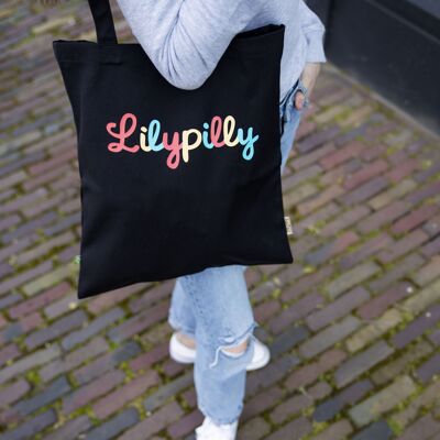 Schwarzer Shopper aus Bio-Baumwolle mit mehrfarbigem Lilypilly-Motiv (Premium)