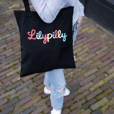 Bolso shopper de algodón orgánico negro con ilustraciones multicolores de Lilypilly (premium)