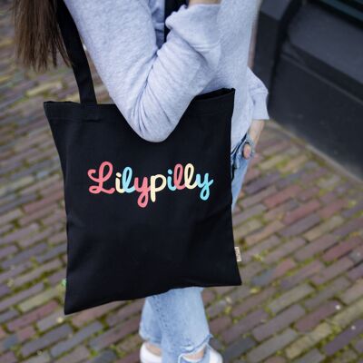 Bolso shopper de algodón orgánico negro con ilustraciones multicolores de Lilypilly (premium)