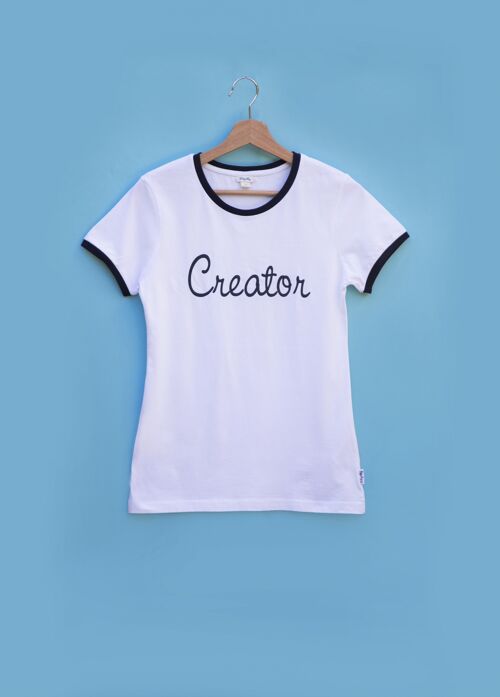 White organic combed cotton shirt with dark blue Creator artwork -CHIC-