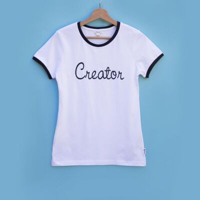 White organic combed cotton shirt with dark blue Creator artwork -CHIC-