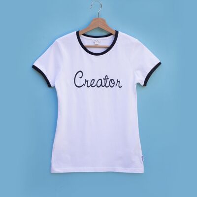 Camisa blanca de algodón orgánico peinado con arte azul oscuro Creator -CHIC-