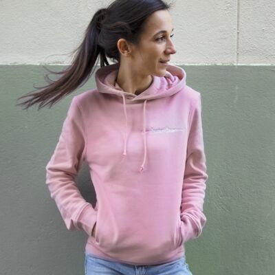 Sweat à capuche rose clair en coton bio avec broderie Dreamteam blanche