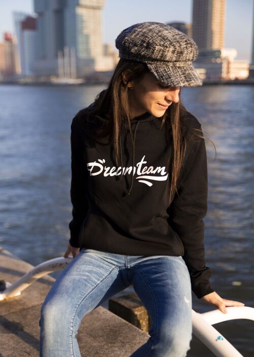 Black organic cotton hoodie with white Dreamteam artwork