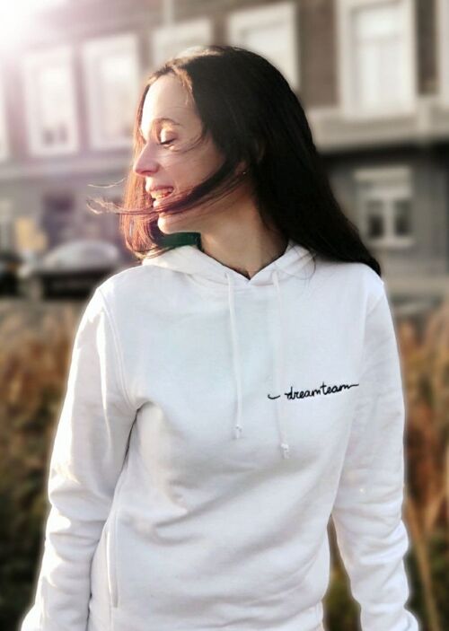 White organic cotton hoodie with black Dreamteam embroidery