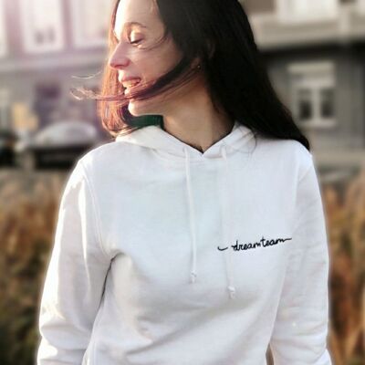White organic cotton hoodie with black Dreamteam embroidery