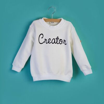 White organic cotton kids sweater with dark blue Creator artwork