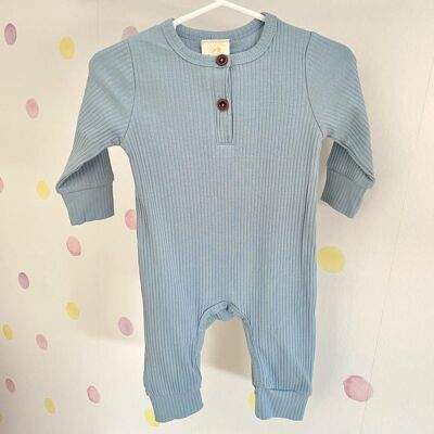 Blue Long Sleeve Ribbed Cotton Romper