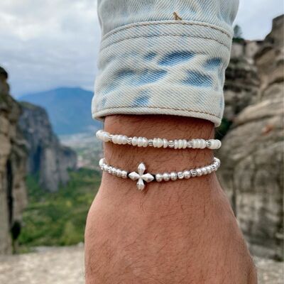 Mens Bracelets, Pearls Beaded Bracelet, Silver Cross Bracelet, Mens Jewelry, Gift for Him, Made in Greece.