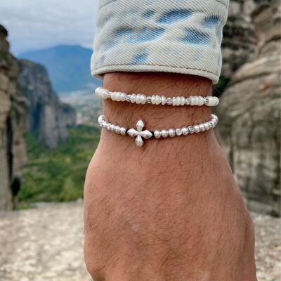 Mens Bracelets, Pearls Beaded Bracelet, Silver Cross Bracelet, Mens Jewelry, Gift for Him, Made in Greece.