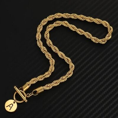 Thick Rope Chain Initial Coin Necklace - Gold - A