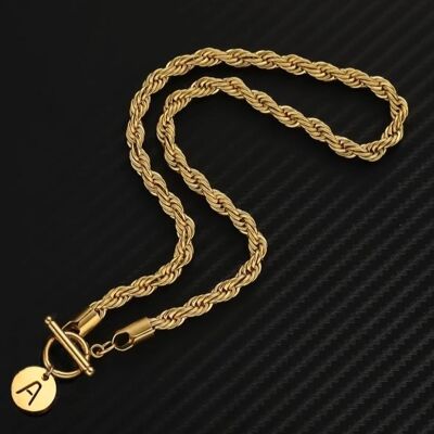 Thick Rope Chain Initial Coin Necklace - Gold - G