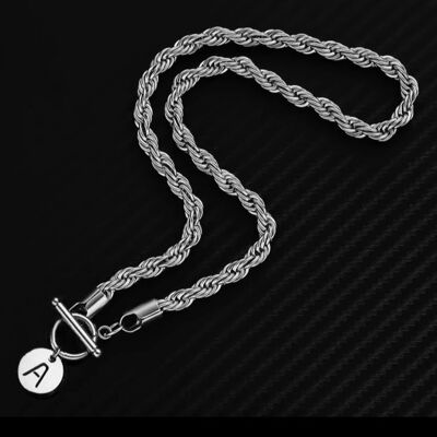 Thick Rope Chain Initial Coin Necklace - Silver - A