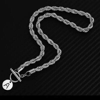 Thick Rope Chain Initial Coin Necklace - Silver - B