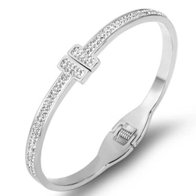 Crystal Luxe T-Bar Open Bangle - Silver