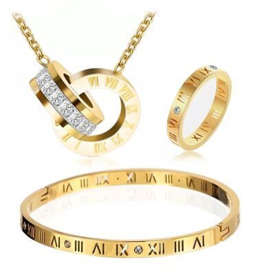 Roman Numeral Necklace, Bangle & Ring PB Bundle Set - Gold - Small