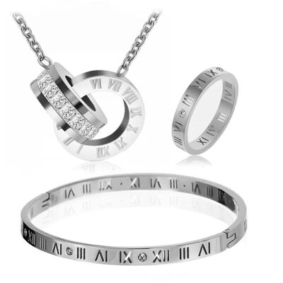 Roman Numeral Necklace, Bangle & Ring PB Bundle Set - Silver - Small