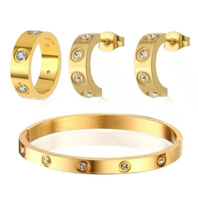 Cubic Zirconia Stone Bangle, Ring & Earrings PB Bundle Set - Gold - Thick Band - Small