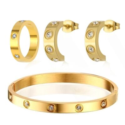 Cubic Zirconia Stone Bangle, Ring & Earrings PB Bundle Set - Gold - Thin Band - Small