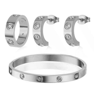 Cubic Zirconia Stone Bangle, Ring & Earrings PB Bundle Set - Silver - Thick Band - Medium