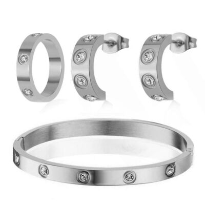 Cubic Zirconia Stone Bangle, Ring & Earrings PB Bundle Set - Silver - Thin Band - Small