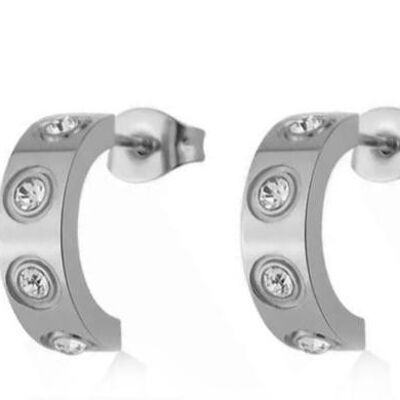Semi Hoop Cubic Zirconia Stone Earrings - Silver
