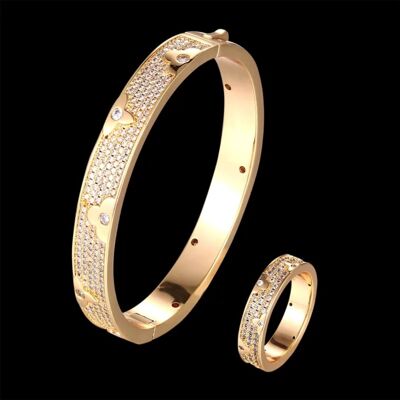 The Luxury Cubic Zirconia Flower Bangle & Ring Set - Pre Order - 18K Gold Plated - Large