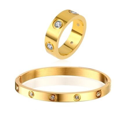 Cubic Zirconia Stone Bangle & Ring Set - Gold - Thick Band - Small