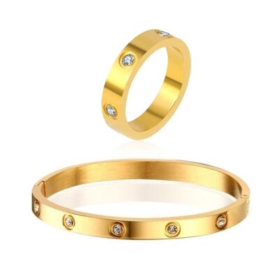 Cubic Zirconia Stone Bangle & Ring Set - Gold - Thin Band - Large