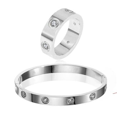 Cubic Zirconia Stone Bangle & Ring Set - Silver - Thick Band - Small