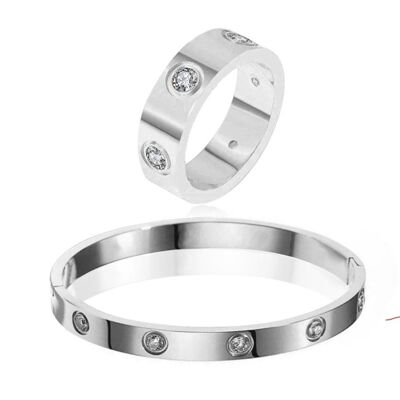 Cubic Zirconia Stone Bangle & Ring Set - Silver - Thick Band - Medium