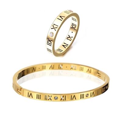 18K Gold Plated Roman Numaral Bangle & Ring Set